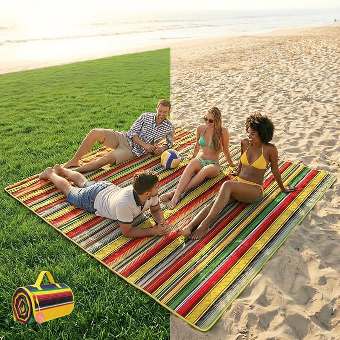 80"x80" XL Mexican Style Beach & Picnic Blanket, Sandproof Waterproof, 3-Layer Mat, Easy Fold