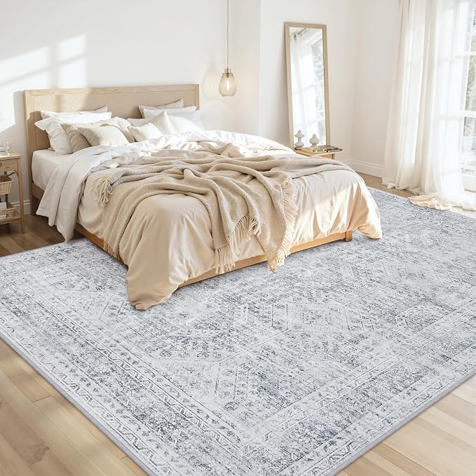 Area Rugs 9x12 Living Room: Bedroom Neutral Washable Carpet Gray | Vintage Boho Soft Small Indoor Decor Floor Non-Slip Low Pile Neutral Farmhouse Entryway Laundry Bathroom Bedroom Beside Rugs