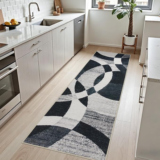 Joydeco 2x6 Geometric Washable Hallway Runner Rug, Black Grey White | Modern Non-Slip Low Pile Soft Stain Resistant Dark Gray Pet Child Friendly Carpet for Bedroom Entryway Kitchen Laundry Room