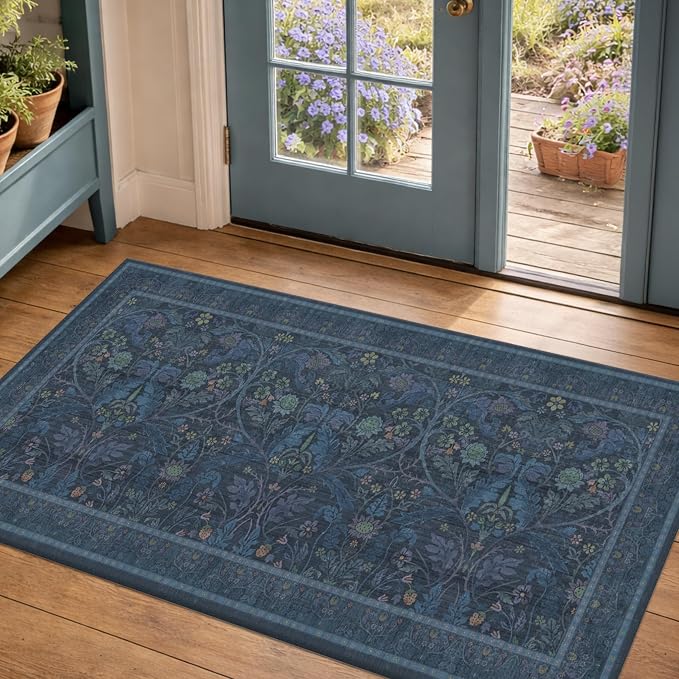 Washable 2x4 Entryway Rugs, Oriental Floral Small Blue Kitchen Rugs, Thin Bathroom Rugs Fit Under Door, Low Pile & Soft Carpet for Mudroom, Bedside