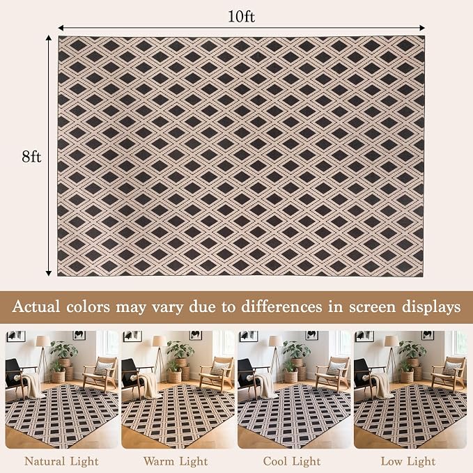 LBRO2M Machine Washable Rug Soft Pet Friendly Carpet 8X10 Black | Checkered Rug 8X10 for Living Room, Bedroom, Dining Room, Home Office, Non Slip Carpet, Foldable Stain Resistant Rugs