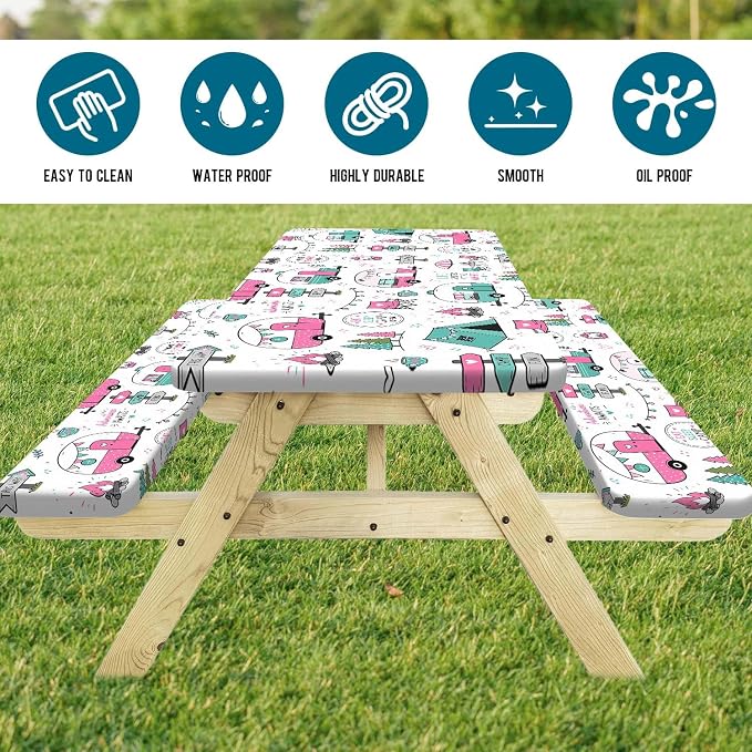 Picnic Table and Bench Covers Set Camping Essentials - Cute Pink Camper Adventure Waterproof Windproof Tablecloth, Camping Accessories with Drawstring Bag Fits for Camping Picnic, 30X72 inch
