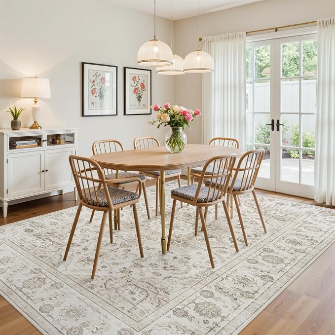 Washable 9x12 Area Rugs for Living Room Beige White Non-Slip Rug | Vintage Medallion Rug，Soft Low Pile Large Rugs，Indoor Retro Carpet for Bedroom Nursery Dining Table Farmhouse Home Office