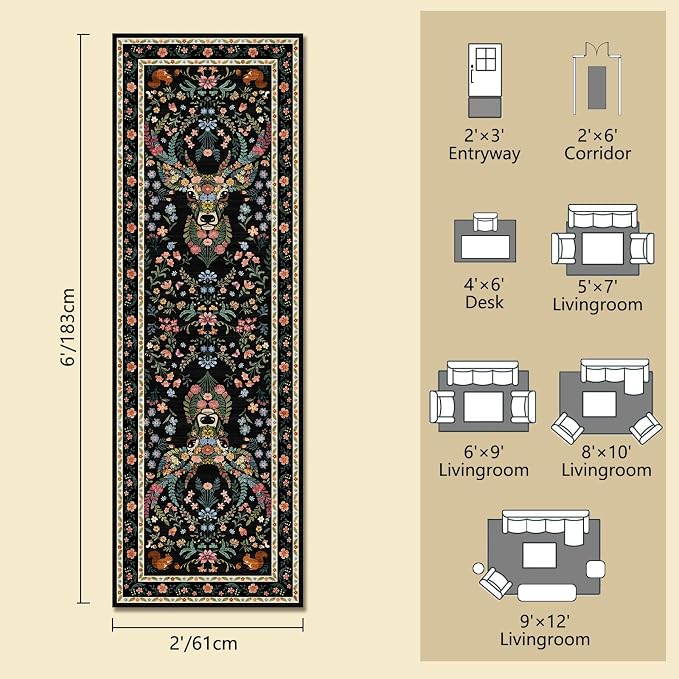 Area Rug Hallway Vintage Floral Deer Pattern 2x6 - Bohemian Forest Animal Carpet with Squirrel & Butterfly, Soft Decorative Area Rug for Living Room Bedroom Home Decor
