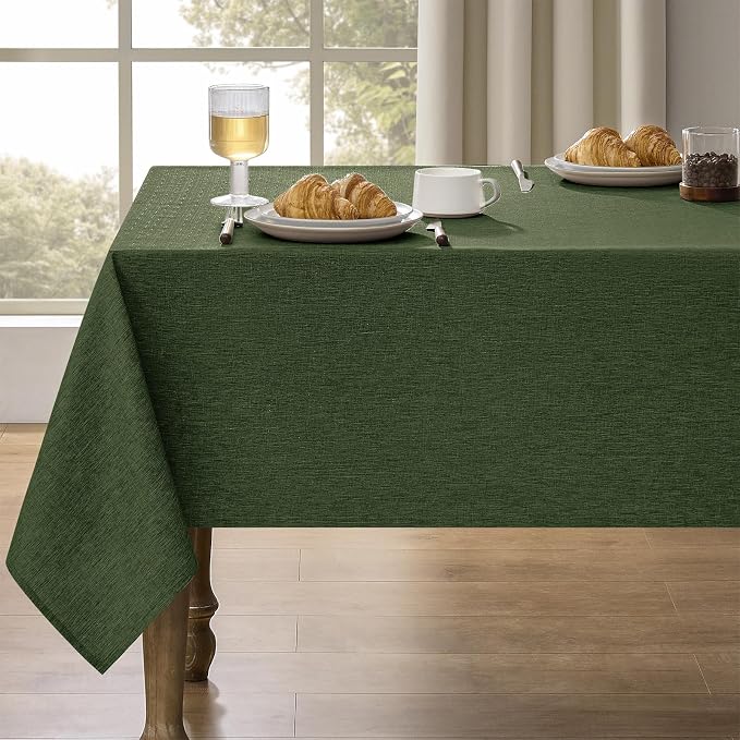 Decorelia Faux Linen Farmhouse Table Cloth 60"x84" for 4-6 ft Rectangle Table, Dark Green Waterproof Outdoor Washable Tablecloth for Rectangular Dining Room Kitchen Outdoor Party Restaurant Decor
