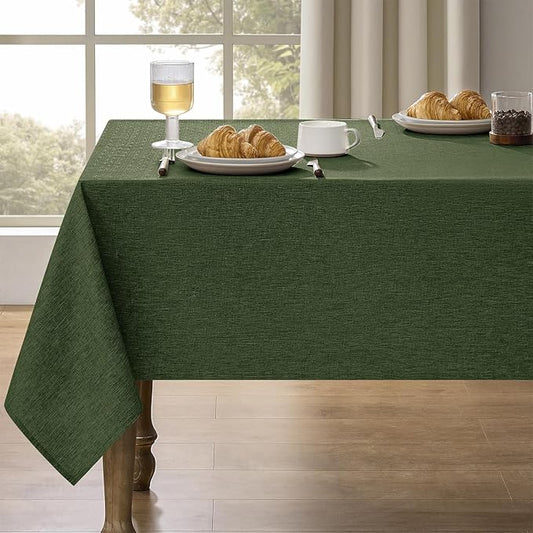 Decorelia Waterproof Faux Linen Rectangle Tablecloth, Spillproof Wrinkle Free Outdoor Reusable Table Cloth for Patio,Holiday,Banquet,Party,Buffet Dinner (Oblong,60 x 120 Inch (10-12 Seats),Dark Green)