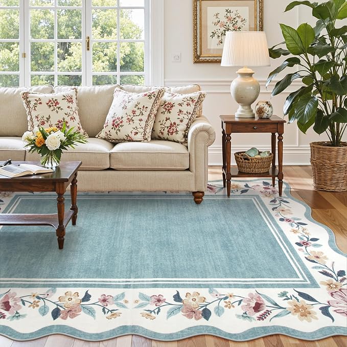 Lahome Floral Area Rug 5x7 for Living Room, Washable Blue Scalloped Rug | Soft Low Pile Large Rugs for Bedroom, Farmhouse, Dining Room, Kids, Ariele
