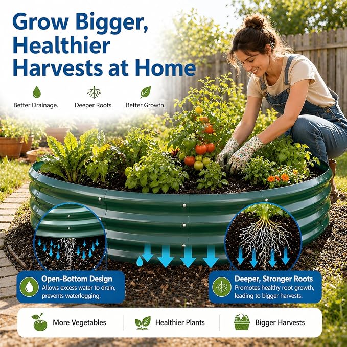 6FT Round Raised Garden Bed, Heavy Duty Galvanized Metal Planter Box for Vegetables, Flowers & Herbs, Rust-Resistant Outdoor Gardening Bed with Modern Green Finish & Easy DIY Assembly