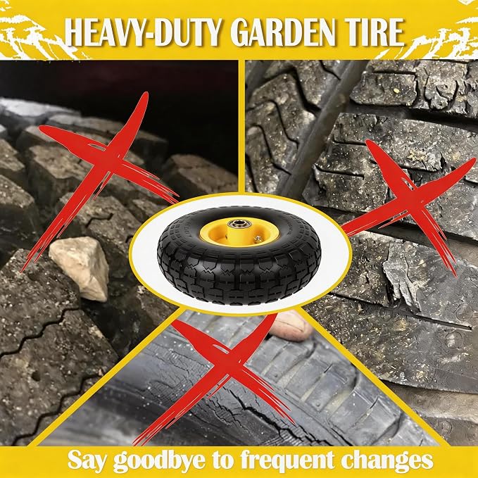 4.10/3.50-4 Tire and Wheel Flat Free, 10" Solid Tire 220LB Capacity Each, with 5/8" Bearings and 2.1" Offset Hub, for G orilla Cart, Garden Cart, Trailer, Dolly, Hand Truck, Wagon, 4 Pack, Yellow