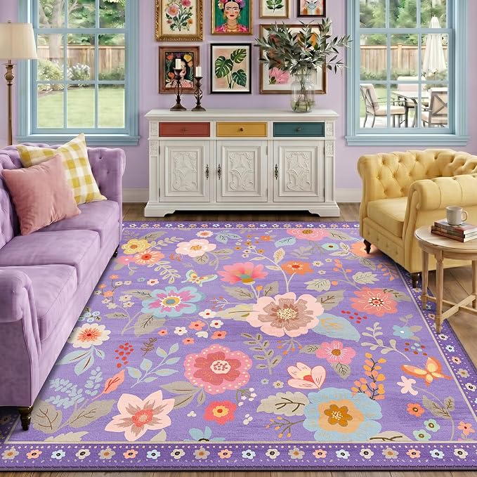 RELEANY Floral Washable Square 8ft Area Rug Purple/Pink | Flower Carpet, Print, Boho, Non-Slip, Easy to Clean, Soft, Low Pile for Living Room Bedroom Kitchen Office Entryway Hallway