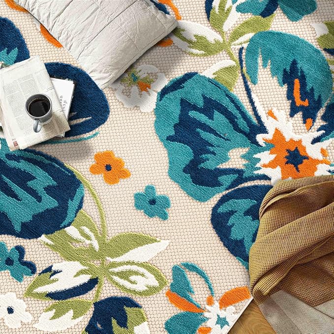 Rugshop Multi Bergamo Floral Indoor/Outdoor Round Area Rug Machine Washable for Patio, Deck and Seating Area, 8' Round
