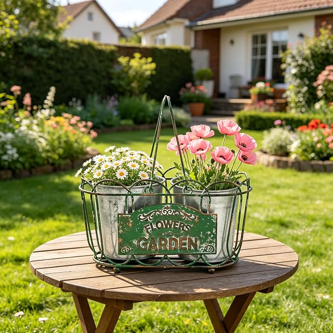 Vintage Green Iron Planter Basket with 2 Metal Flower Pots - Rustic Farmhouse Plant Holder for Indoor Outdoor Balcony, Window Sill, Tabletop Decor (Green#3)