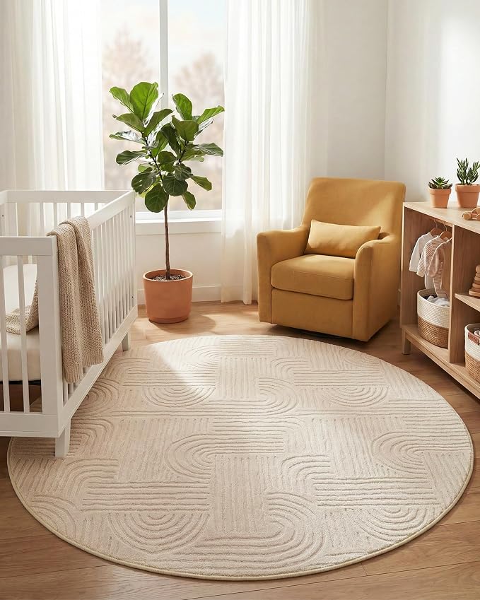 Carvapet 5.2ft Round Rug Beige Washable High Low Pile Carpet | Soft plush textured rug with non slip backing for living rooms, bedrooms, nurseries and cozy indoor spaces