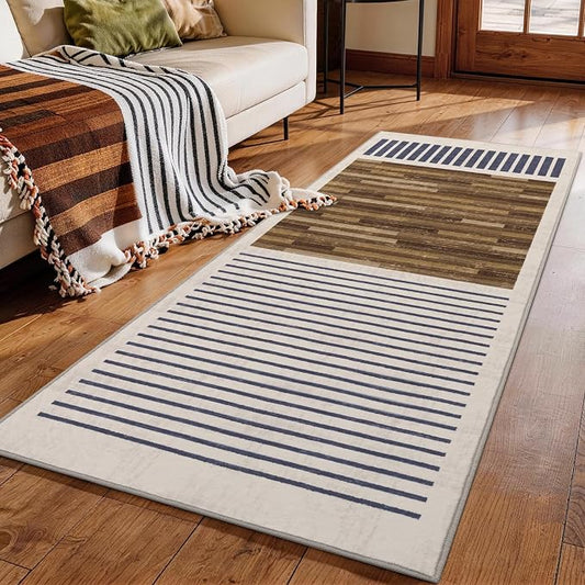 2x6 Washable Runner Rug for Hallway, Modern Geometric, White Brown Black | Striped Abstract Pattern, Ivory Low Pile Non Slip Runner for Kitchen Entryway Laundry Room Bedroom, Soft Faux Wool