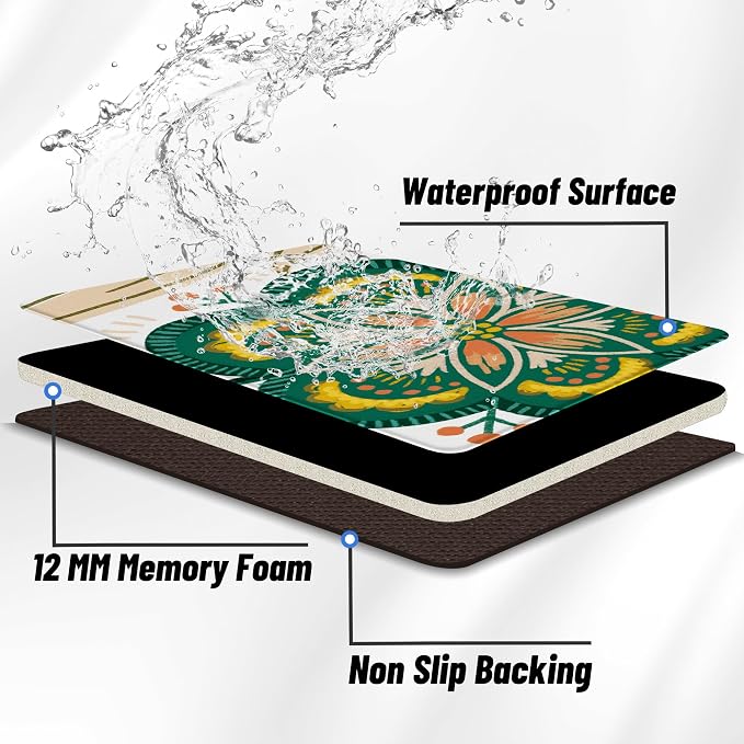 Tyrot Boho Floral Kitchen Rugs Sets of 2 Anti Fatigue Cushioned Long Kitchen Mats for Floor Farmhouse Kitchen Rugs Non Slip Waterproof Mid Century Botanical Comfort Standing Mat for Sink Laundry
