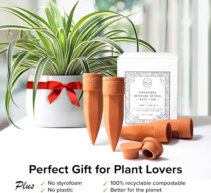 The Olla Company Plant Watering Spikes with Lids - Ideal for 8”-12” Pots - Vacation Friendly - Terracotta - Large - Set of 4