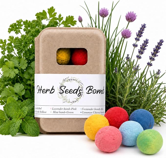 Herb Wildflower Seed Ball - 6 Seed Bombs in Gift Box, 6 Herb Seeds (Basil, Parsley, Cilantro, Chives, Lav, Mint), Beginner-Friendly No Dig Gardening, Easter Gardening Gift Set for Women Mom Her
