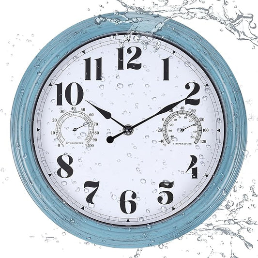 12 inch Outdoor Wall Clock, Plastic Waterproof Outdoor Clock with Temperature & Humidity, Water Resistant Wall Clocks for Patio Garden, Green