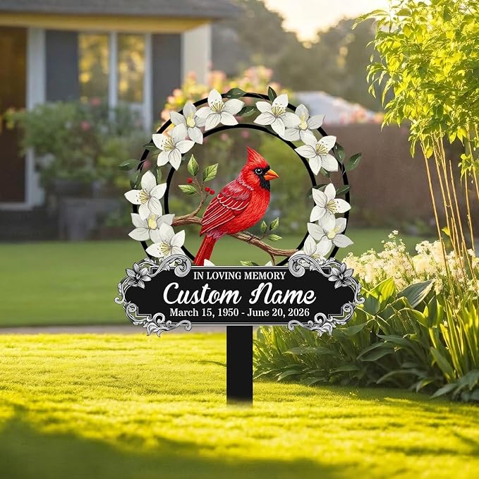 Personalized Cardinal Metal Garden Sign with Stakes, Red Bird Metal Decor Decorative Outside, Yard Outdoor Art Gift for Mom/Grandmother, Patio House Warming Gifts