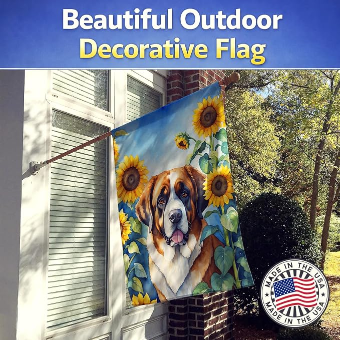 Caroline's Treasures DAC6151CHF Saint Bernard in Sunflowers House Flag Large Porch Sleeve Pole Decorative Outside Yard Banner Artwork Wall Hanging, Polyester, House Size, Multicolor