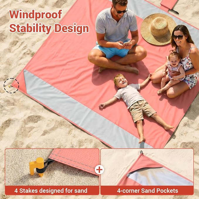 Wolfwise 78" × 108" XXL Beach Blanket, Waterproof & Sandproof Picnic Mat with 4 Sand Pockets & 4 Stakes, Windproof Outdoor Camping Beach Mat, Lightweight, Fits 6 People, Blue