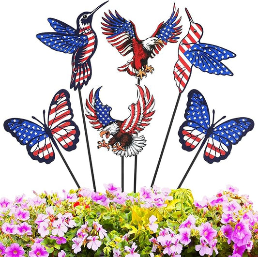 Pickmesh 6 Pcs 12" H 4th of July Outdoor Decor Patriotic Yard Decor Red White Blue Garden Stake Metal Yard Sign 250th Anniversary USA Flag Eagle American for Outdoor Independence Day Decoration