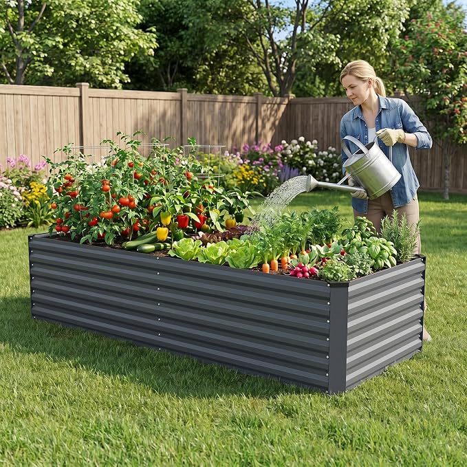 INNO STAGE 8x3x2ft Galvanized Raised Garden Bed, Raised Garden Bed Kit-Metal Planter Box Outdoor, Planting for Vegetables, Fruits, Herbs, Flowers, Grey