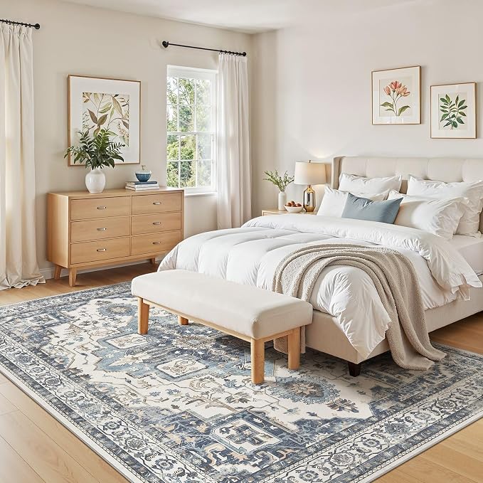 Vintage Washable 7x9 Area Rug for Living Room, Vintage Blue | Soft Low Pile Rug with Non-Slip Backing, Stain Resistant for Bedroom or Dining Room, Kid & Pet Friendly