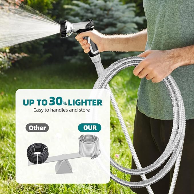 SPECILITE 304 Stainless Steel Garden Hose 100ft with 360° Swivel Handle, Lightweight & Flexible Metal Water Hose with Heavy Duty Nozzle for Yard, Outdoor, Lawn