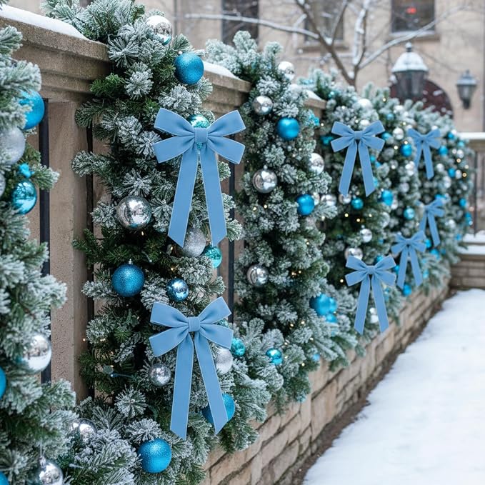 36 Pcs 20 Inches Christmas Garland Ties with Large Velvet Bows Decorative Reusable Twist Tie Bows for Banister Christmas Indoor Outdoor Holiday Wreath Decorations(Light Blue)