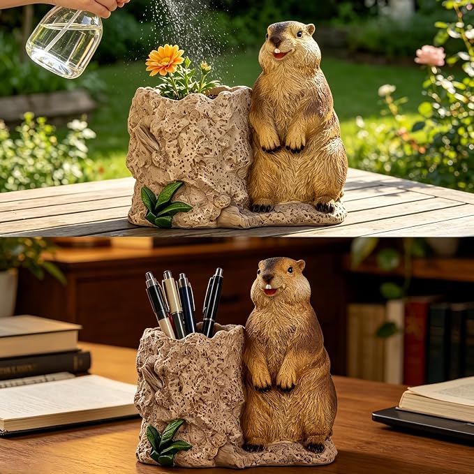 Groundhog Resin Figurine Planter, Animal Figurine Pen Holder, Decorative Indoor Outdoor Flower Pot, Nature Theme Garden Decor, Statue Sculpture (Brown)