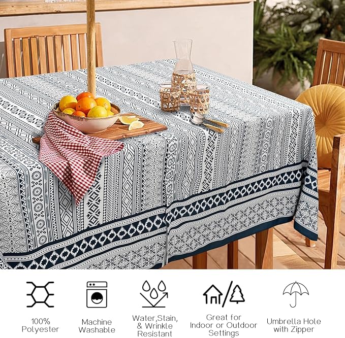 Outdoor Tablecloth with Umbrella Hole and Zipper, Rectangle Patio Table Covers for Spring/Summer, Machine Washable Outdoor Picnic Table Cloth (Boho, 60" × 120" Rectangular)