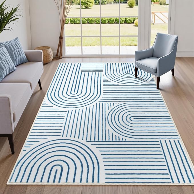 Lahome Abstract Washable Area Rugs 5x7, Soft Blue Rugs for Living Room | Ultra-Thin Non-Shedding Bedroom Modern Throw Large Carpet for Dining Room Classroom Office Darrell, Blue/White