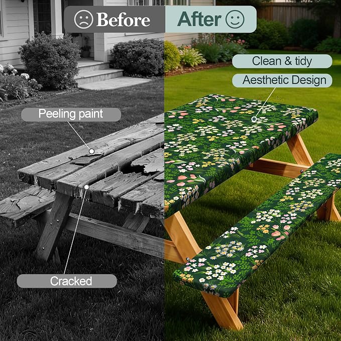 Play Tailor Picnic Table Cover with Bench Covers Camping Essentials Waterproof Windproof Camping Tablecloth with Drawstring Bag, Fitted Rectangle Tables and Seats, 72in, Green Pink