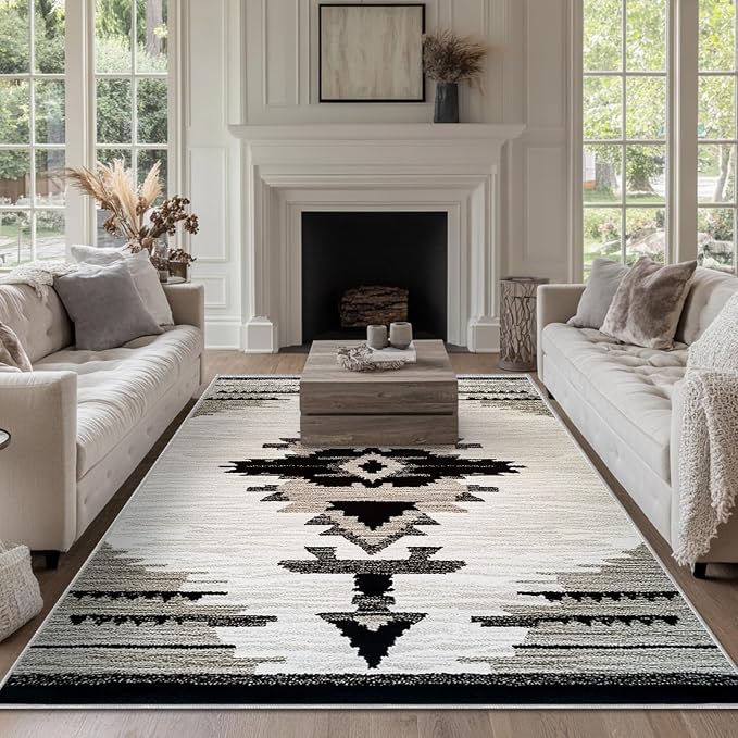 Western Area Rug Southwestern Aztec Washable 6x9 Rugs for Living Room Bedroom Tribal Black Gray Beige Non-Slip Soft Floor Large Carpet for Office Entryway Bathroom