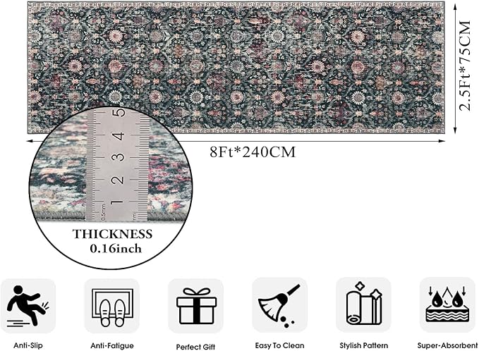 Lahome Moroccan Hallway Rug, 2'5''x8' Washable Kitchen Runner Rugs Non Skid | Non Skid Runners for Hallways Ultra-Thin Oriental Carpet for Laundry Room Bedroom Bathroom Elise, Black Multi