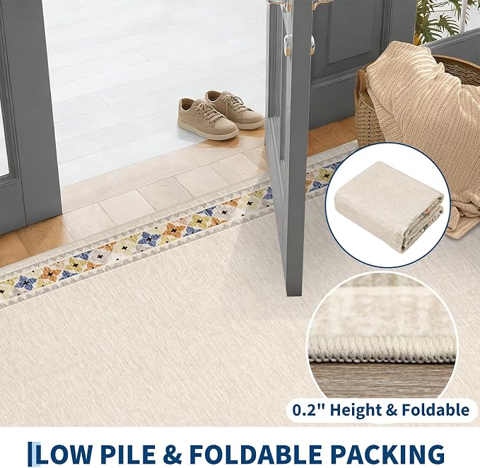Garvee Large Area Rug 10x13 Rugs Tribal Border Washable Rug, Beige | Floral Border Area Rug Stain Resistant Easy Cleaning Throw Rugs Low Pile Floor Cover for Nursery Dining Room Apartment