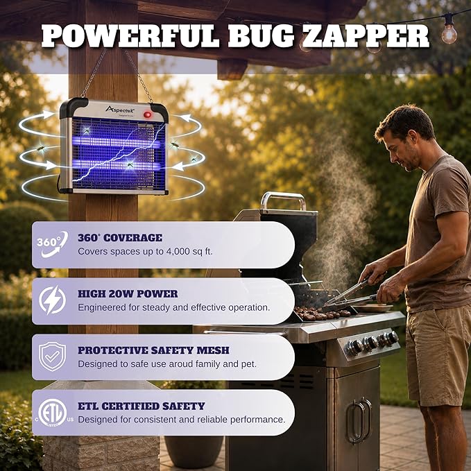 ASPECTEK Electric Bug Zapper, 20W UV Bulbs, Fly, Mosquito, Gnat and Moth Control, Indoor and Covered Outdoor Use for Home, Garage, Patio and Farm, Includes 2 Replacement Bulbs
