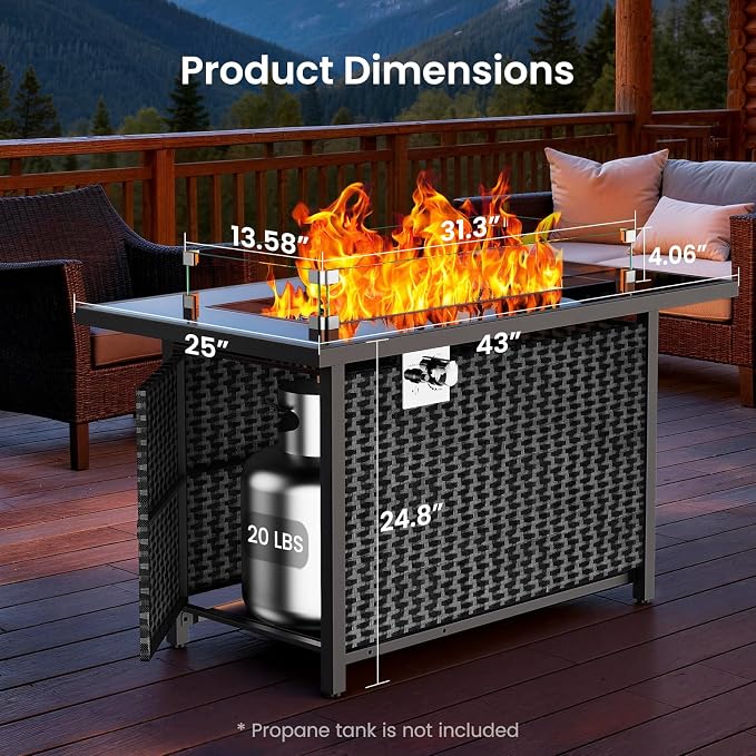 Ciays 43″ Propane Fire Pit with Glass Wind Guard, CSA-Listed 60,000 BTU Outdoor Gas Fire Pit Table, Tempered Glass Top, Glass Rocks,Lid, Adjustable Legs, Fire Table for Patio, Garden & Party, Black