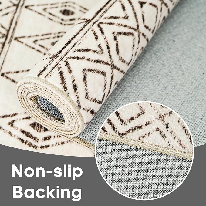 4x8 Geometric Beige Hallway Runner Rug: Moroccan Machine Washable Runner | Non Slip Low Pile Soft Pets Friendly Rugs - Indoor Carpet for Kitchen Bedroom Entryway Laundry