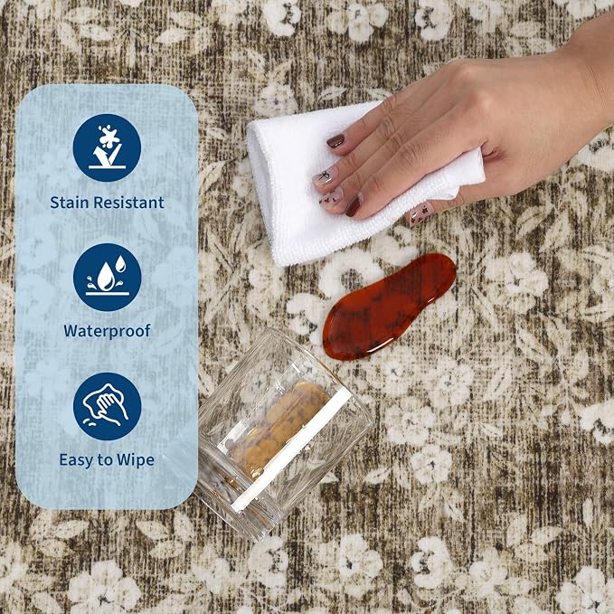 GarveeHome 2x8 Runner Rug for Bathroom Leaf Flower Low Pile Long Runners | Machine Washable Vintage Distressed Throw Rug for Laundry Room Non-Slip Beige Floral Area Rug for Hallway Kitchen Porch