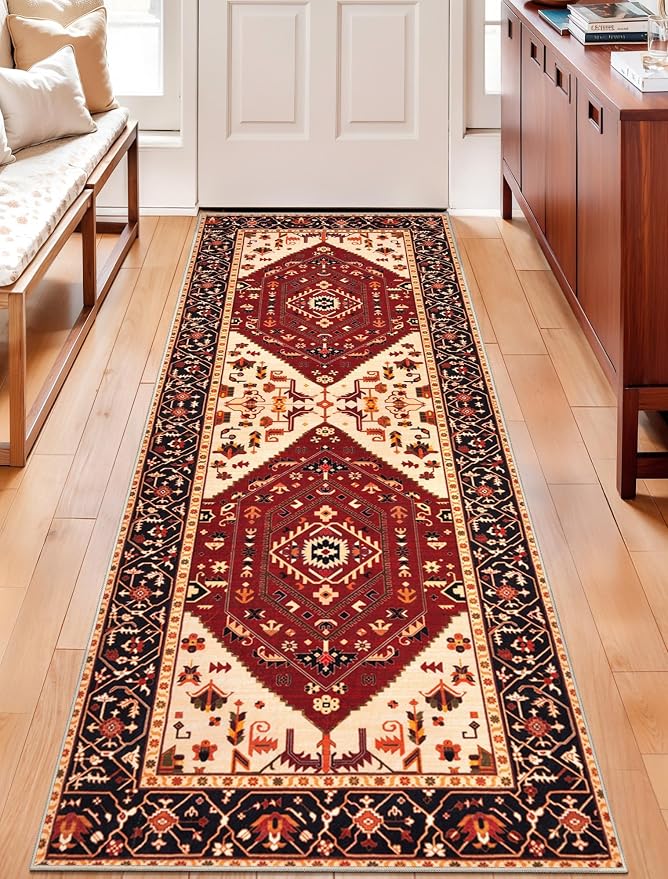 SERISSA 2x6 Washable Non Slip Boho Runner Rug for Hallway，Red Black | Ultra Soft Vintage Oriental Carpet Low-Pile Distressed Tribal Floor Carpet for Kitchen Bedroom Bathroom Laundry Living Room