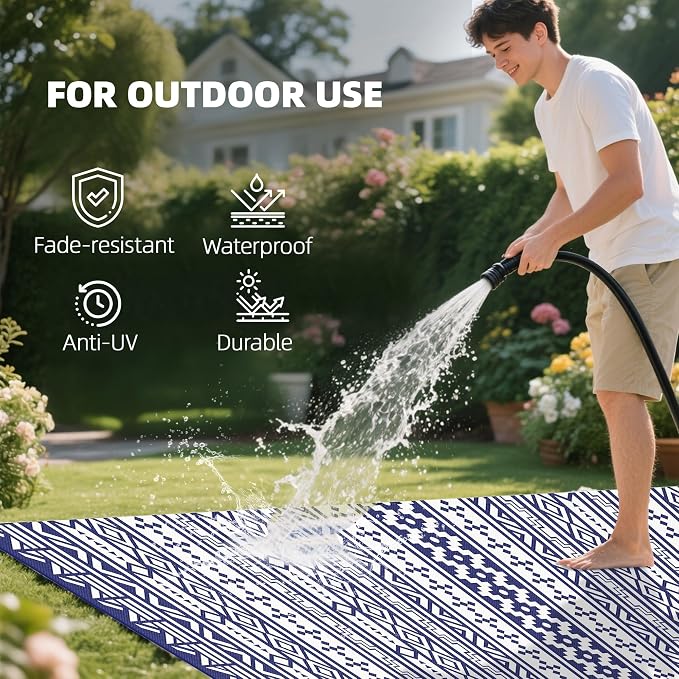 Outsunny Outdoor Rug for Patio, 9' x 18' Waterproof Large Mat, Reversible Plastic Straw Rug for Decor, Portable Outside RV Camping Area Carpet Mat for Backyard Porch Deck Picnic, Blue White Geometric