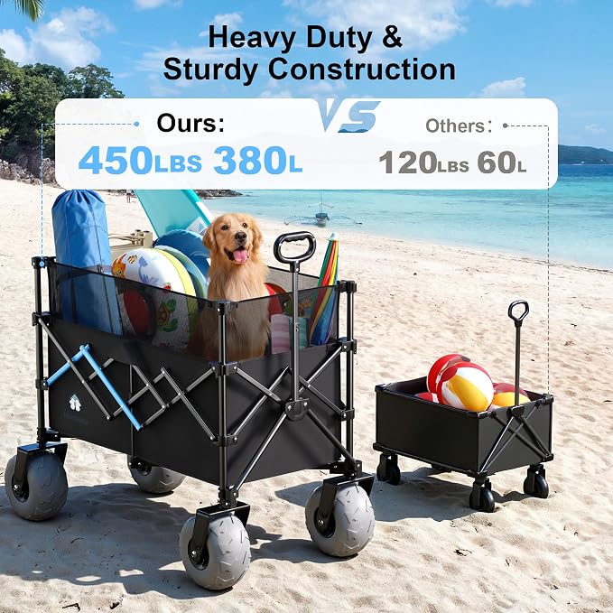 Beach Wagon with Big Wheels for Sand, 450LBS Heavy Duty Foldable Wagon Cart | 9" All-Terrain Inflatable Tires, Adjustable 200L–380L Capacity, Ideal for Groceries, Camping & Sports