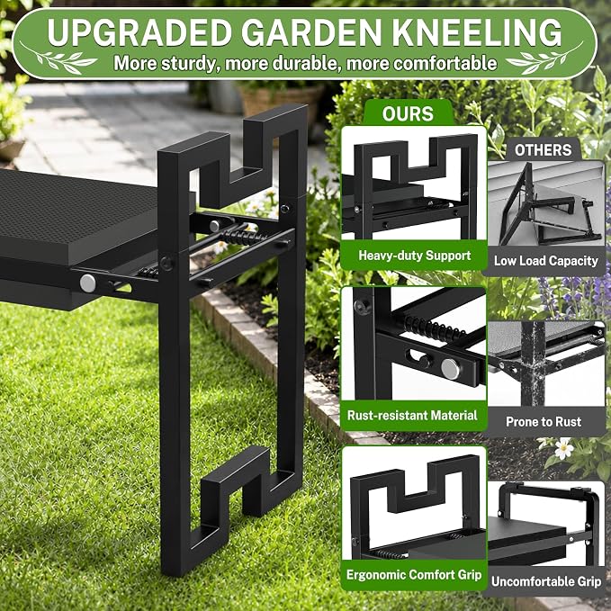 Qatsrin Portable Foldable Garden Kneeler and Seat, Heavy Duty Garden Bench Chair with Wider Thicker Soft Kneeling Pad, Gardening Stool with Tool Bag, Gardening Gifts for Women Seniors Parents, Black