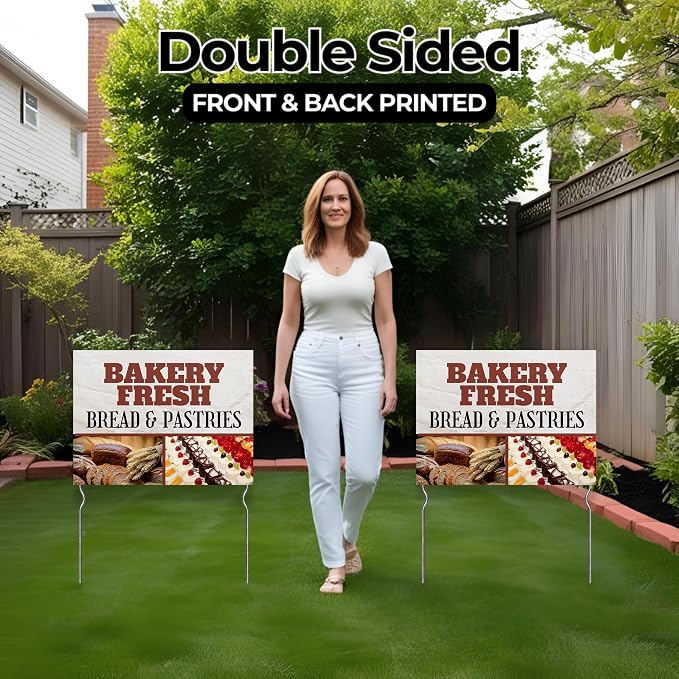 Bakery Fresh - Pastries & Bread! Yard Sign by DC | 24"x18" Double Sided Conv. Store Garden Sign with 13” Metal Stakes | Outdoor Signs Waterproof for Lawn, Patio, Sidewalk & House | Set of 4