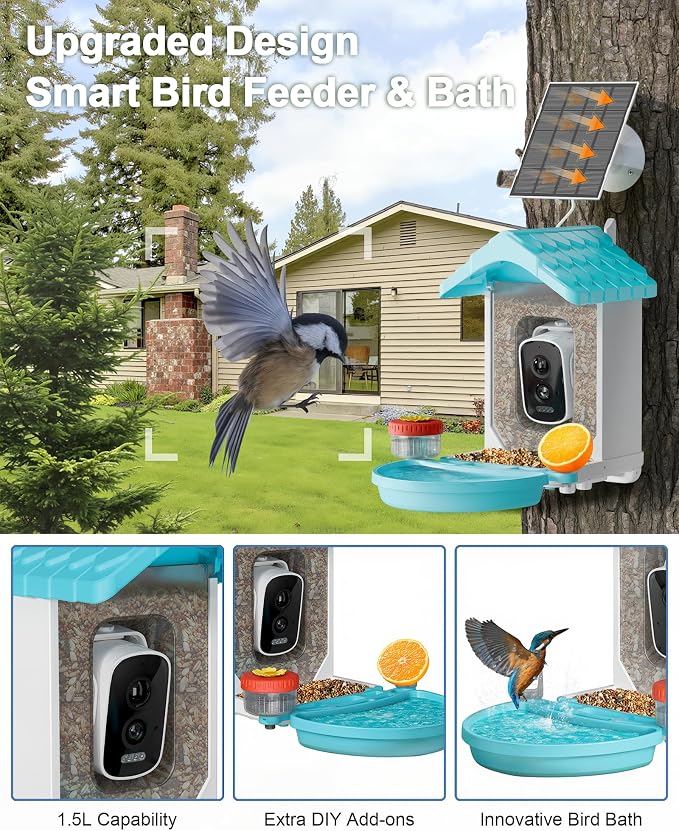 VISIOGEAR 2-in-1 Smart Wild Bird Feeder & Bath with 4K HD Camera, AI Identification Solar Bird Feeder Watching Camera Night Vision for Outdoor Birds Watching Gifts for Birdlover, Blue