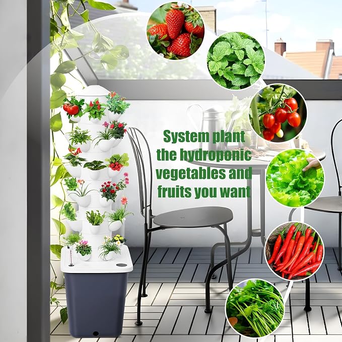 Hydroponic Growing Tower with 10L Tank, 6 Layers 30 Plants Indoor Outdoor Hydroponics Growing System, Soilless Cultivation Herbs Fruits Vegetables Vertical Planter Tower Garden Set Black US