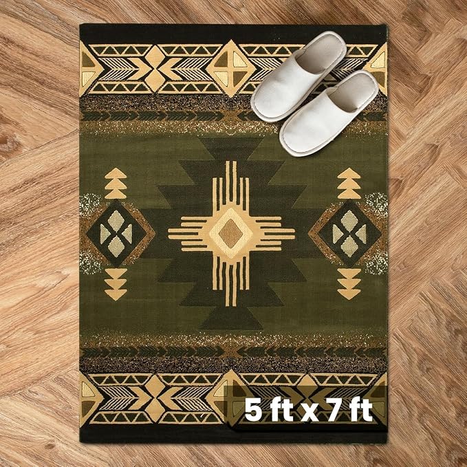 YHSF South West Native American Area Rug C318 - Easy Clean, Thick, Soft, Durable Native Tribal American Indian Inspired Rug for Bedroom/Living Room and More - Sage Green, 5 Feet x 7 Feet