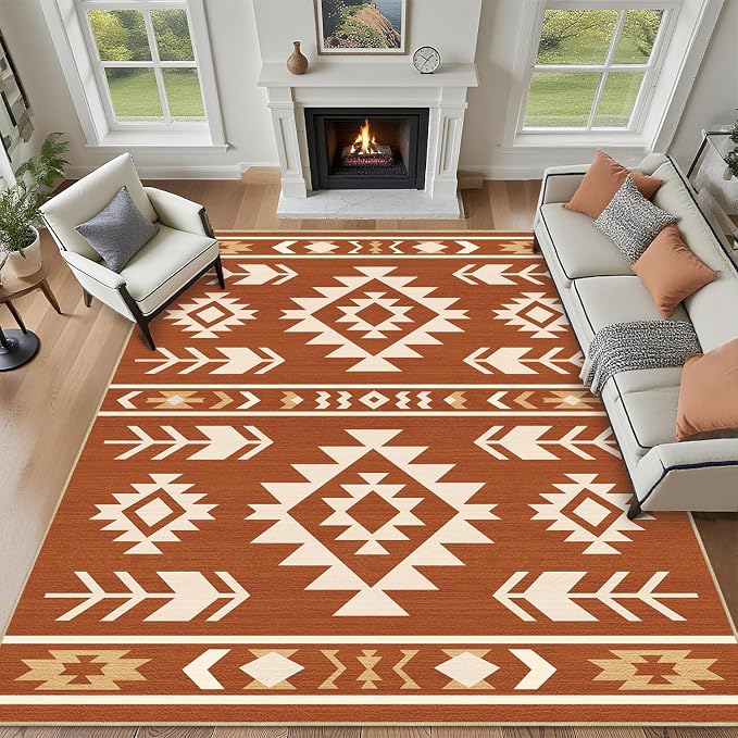 8x10 Area Rug for Living Room Western Rug Southwestern Aztec Tribal Rugs Southwest Navajo Machine Washable Non-Slip Printed Low-Pile Floor Carpet for Bedroom Dining Room Office, Yellow Brown